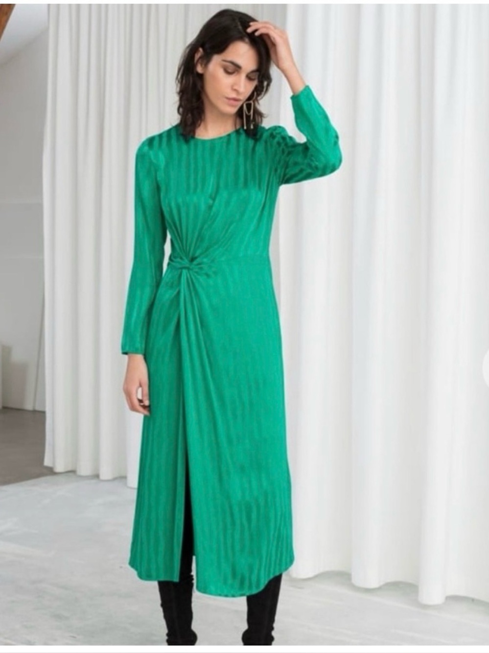 & Other Stories Emerald Green Knot-Detail Midi Dress
